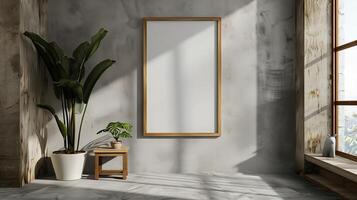 AI generated An empty rectangle frame mockup from oak wood in a  beautiful gray room. Generated by artificial intelligence. photo