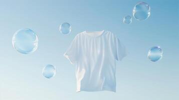 AI generated A white t-shirt floats in the air, surrounded by transparent bubbles on a light sky blue backgrounds. Generated by artificial intelligence. photo