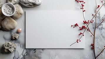 AI generated The white sheet of paper with a clean background and rocks. Generated by artificial intelligence. photo