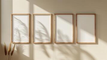 AI generated Four empty wooden frames hanging on a beige colored wall. The frames are modern and stylish. The frames cast a small shadow. Generated by artificial intelligence. photo