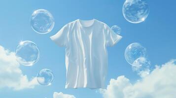 AI generated A white t-shirt floats in the air, surrounded by transparent bubbles on a light sky blue backgrounds. Generated by artificial intelligence. photo