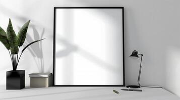 AI generated Mock up of large blank square frame for poster in the modern minimalistic office. Generated by artificial intelligence. photo