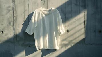 AI generated A white t-shirt against a stark, brutalist concrete backdrop. Generated by artificial intelligence. photo