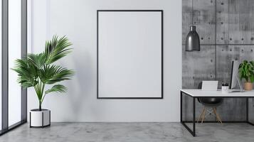 AI generated Mock up of large blank square frame for poster in the modern minimalistic office. Generated by artificial intelligence. photo