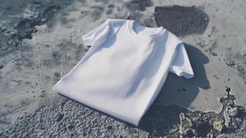 AI generated A white t-shirt against a stark, brutalist concrete backdrop. Generated by artificial intelligence. photo