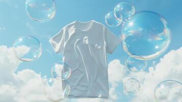 AI generated A white t-shirt floats in the air, surrounded by transparent bubbles on a light sky blue backgrounds. Generated by artificial intelligence. photo