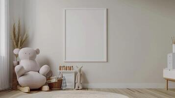 AI generated The trendy interier nursery kids room with a blank frame on the wall. Generated by artificial intelligence. photo