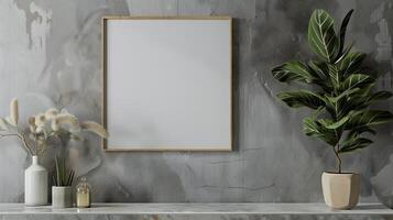 AI generated An empty rectangle frame mockup from oak wood in a  beautiful gray room. Generated by artificial intelligence. photo