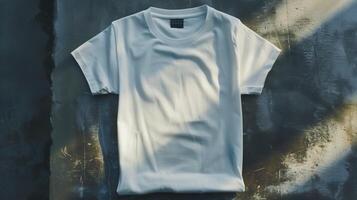 AI generated A white t-shirt against a stark, brutalist concrete backdrop. Generated by artificial intelligence. photo