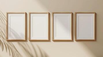 AI generated Four empty wooden frames hanging on a beige colored wall. The frames are modern and stylish. The frames cast a small shadow. Generated by artificial intelligence. photo