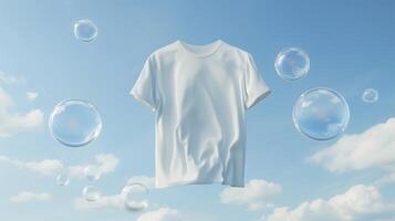 AI generated A white t-shirt floats in the air, surrounded by transparent bubbles on a light sky blue backgrounds. Generated by artificial intelligence. photo