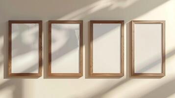 AI generated Four empty wooden frames hanging on a beige colored wall. The frames are modern and stylish. The frames cast a small shadow. Generated by artificial intelligence. photo