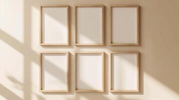 AI generated Six empty wooden frames hanging on a beige colored wall. The frames are modern and stylish. The frames cast a small shadow. Generated by artificial intelligence. photo