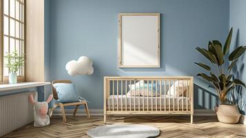 AI generated The trendy interier nursery kids room with a blank frame on the wall. Generated by artificial intelligence. photo