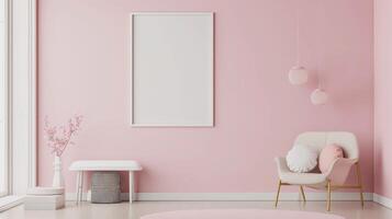 AI generated The trendy interier nursery kids room with a blank frame on the wall. Generated by artificial intelligence. photo