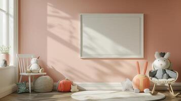AI generated The trendy interier nursery kids room with a blank frame on the wall. Generated by artificial intelligence. photo