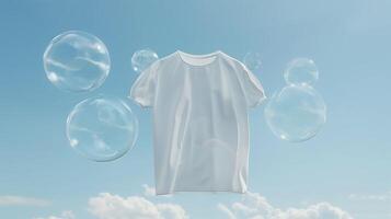 AI generated A white t-shirt floats in the air, surrounded by transparent bubbles on a light sky blue backgrounds. Generated by artificial intelligence. photo