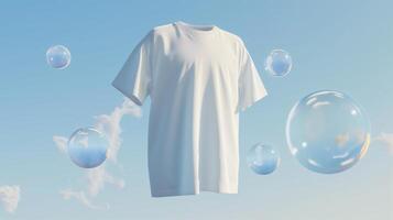 AI generated A white t-shirt floats in the air, surrounded by transparent bubbles on a light sky blue backgrounds. Generated by artificial intelligence. photo