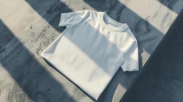 AI generated A white t-shirt against a stark, brutalist concrete backdrop. Generated by artificial intelligence. photo