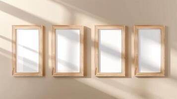 AI generated Four empty wooden frames hanging on a beige colored wall. The frames are modern and stylish. The frames cast a small shadow. Generated by artificial intelligence. photo