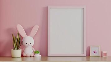 AI generated The trendy interier nursery kids room with a blank frame on the wall. Generated by artificial intelligence. photo