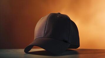 AI generated The mock-up of black sports cap on orange background. Minimalism, advertising light. Generated by artificial intelligence. photo