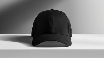 AI generated The mock-up of black sports cap on gray background. Minimalism, advertising light. Generated by artificial intelligence. photo