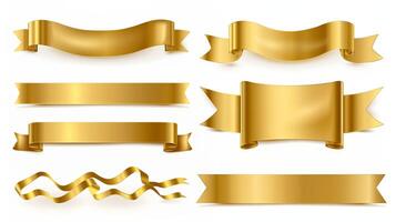 AI generated Set of gold banner label ribbons with white background. Generated by artificial intelligence. photo