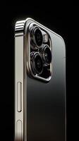 AI generated A portrait shot of the IPhone 15 showcasing its titanium frame, side view, spotlight, black background. Generated by artificial intelligence. photo