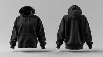 AI generated Fashion design, black hoodie, cotton fabric, back and front view display, minimalism. Generated by artificial intelligence. photo