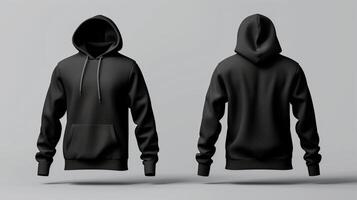 AI generated Fashion design, black hoodie, cotton fabric, back and front view display, minimalism. Generated by artificial intelligence. photo