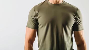 AI generated A mockup of the front view t-shirt, wearing by an athletic man in military green color. Man standing against white blank background. Generated by artificial intelligence. photo