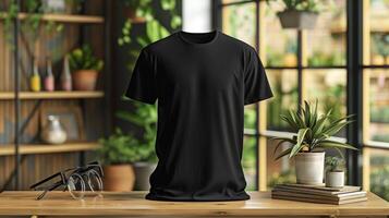 AI generated A mockup of the front view black t-shirt surrounded by props. Generated by artificial intelligence. photo