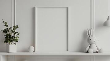 AI generated The trendy interier nursery kids room with a blank frame on the wall. Generated by artificial intelligence. photo