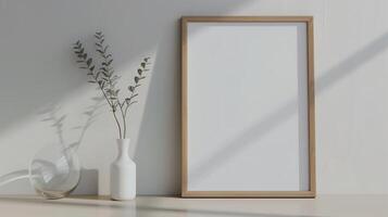 AI generated An empty rectangle frame mockup from oak wood in a  beautiful gray room. Generated by artificial intelligence. photo