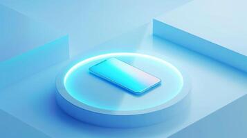 AI generated Isometric composition of smartphone on a round platform with a light blue gradient in the middle. Blue and white background, minimalistic style, a glass texture. photo