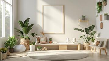 AI generated The trendy interier nursery kids room with a blank frame on the wall. Generated by artificial intelligence. photo