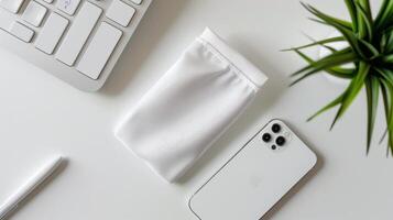 ai generado parte superior ver de un blanco terciopelo bolsa mentiras en un blanco escritorio, con un iphone siguiente a él. generado por artificial inteligencia. foto