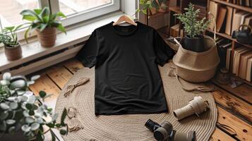 AI generated A mockup of the front view black t-shirt surrounded by props. Generated by artificial intelligence. photo