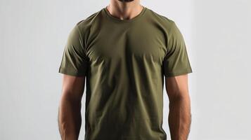 AI generated A mockup of the front view t-shirt, wearing by an athletic man in military green color. Man standing against white blank background. Generated by artificial intelligence. photo