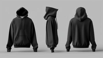 AI generated Fashion design, black hoodie, cotton fabric, back and front view display, minimalism. Generated by artificial intelligence. photo