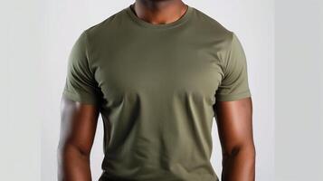 AI generated A mockup of the front view t-shirt, wearing by an athletic man in military green color. Man standing against white blank background. Generated by artificial intelligence. photo