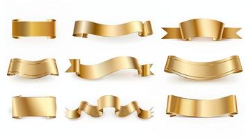 AI generated Set of gold banner label ribbons with white background. Generated by artificial intelligence. photo