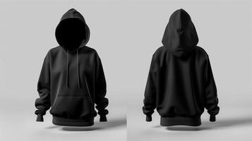 AI generated Fashion design, black hoodie, cotton fabric, back and front view display, minimalism. Generated by artificial intelligence. photo