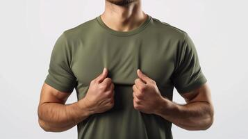 AI generated A mockup of the front view t-shirt, wearing by an athletic man in military green color. Man standing against white blank background. Generated by artificial intelligence. photo