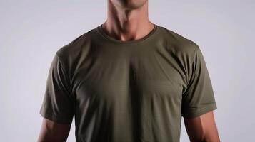 AI generated A mockup of the front view t-shirt, wearing by an athletic man in military green color. Man standing against white blank background. Generated by artificial intelligence. photo