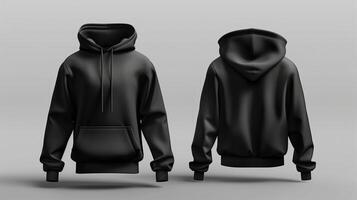 AI generated Fashion design, black hoodie, cotton fabric, back and front view display, minimalism. Generated by artificial intelligence. photo