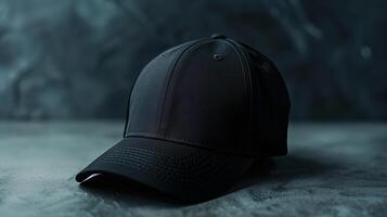 AI generated The mock-up of black sports cap on blue background. Minimalism, advertising light. Generated by artificial intelligence. photo