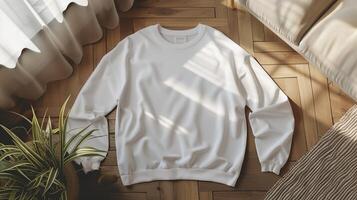 AI generated A mock-up of blank adult long sleeve t-shirt lying in the room. Generated by artificial intelligence. photo