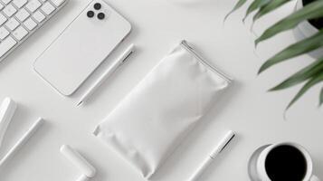 ai generado parte superior ver de un blanco terciopelo bolsa mentiras en un blanco escritorio, con un iphone siguiente a él. generado por artificial inteligencia. foto